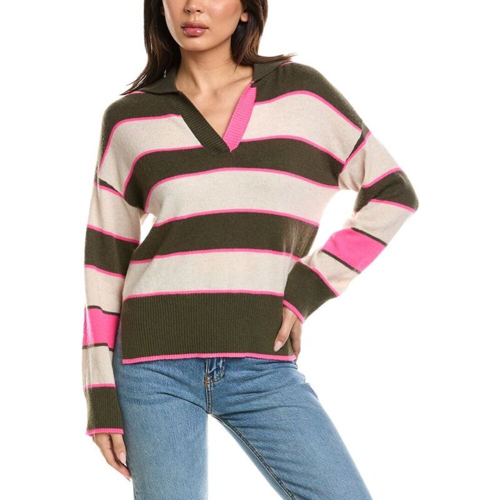 Brodie Cashmere Womens  Varsity Rugby Polo 100% Cashmere Sweater, White